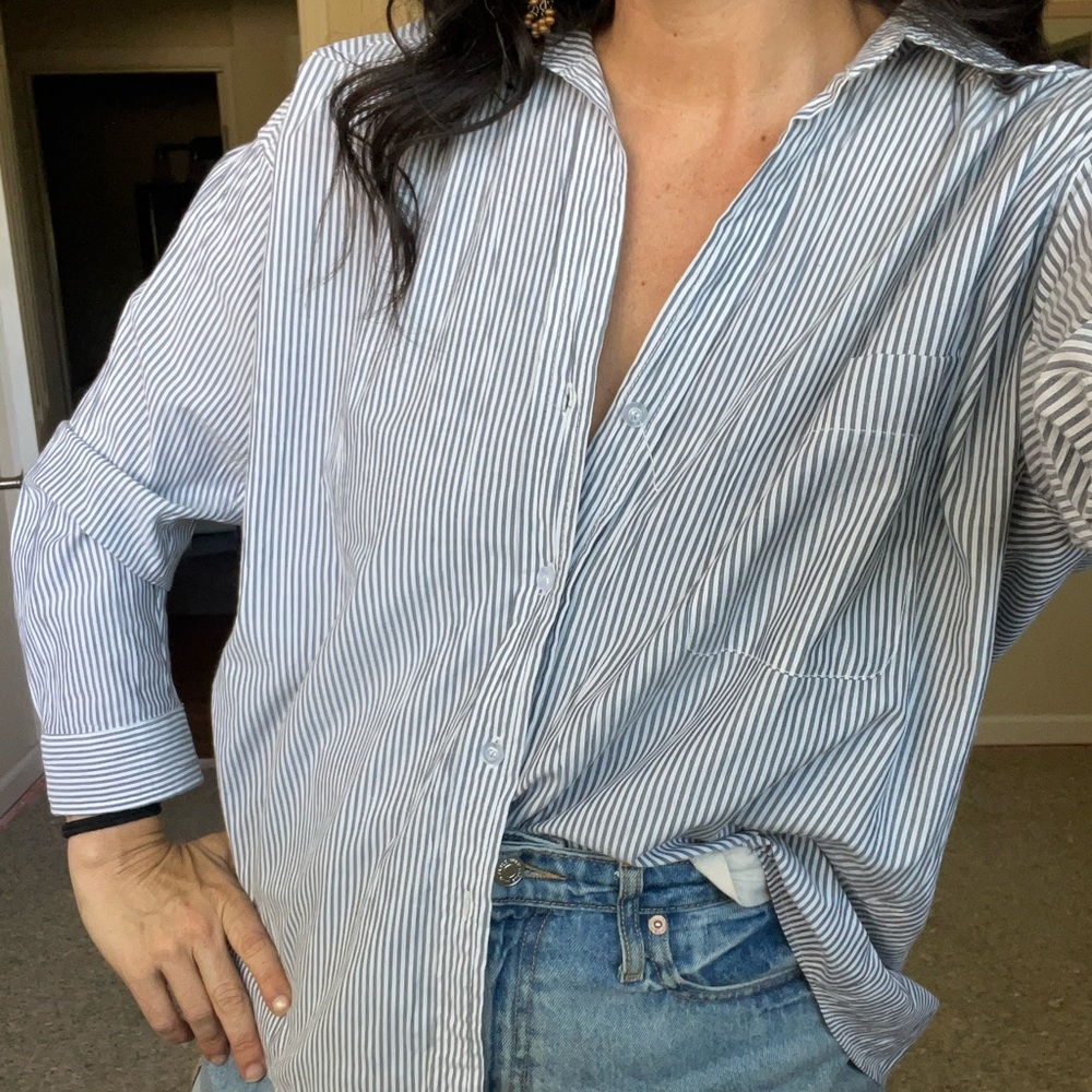 Blue and White Striped Casual Button Down Shirt with Classic Collar